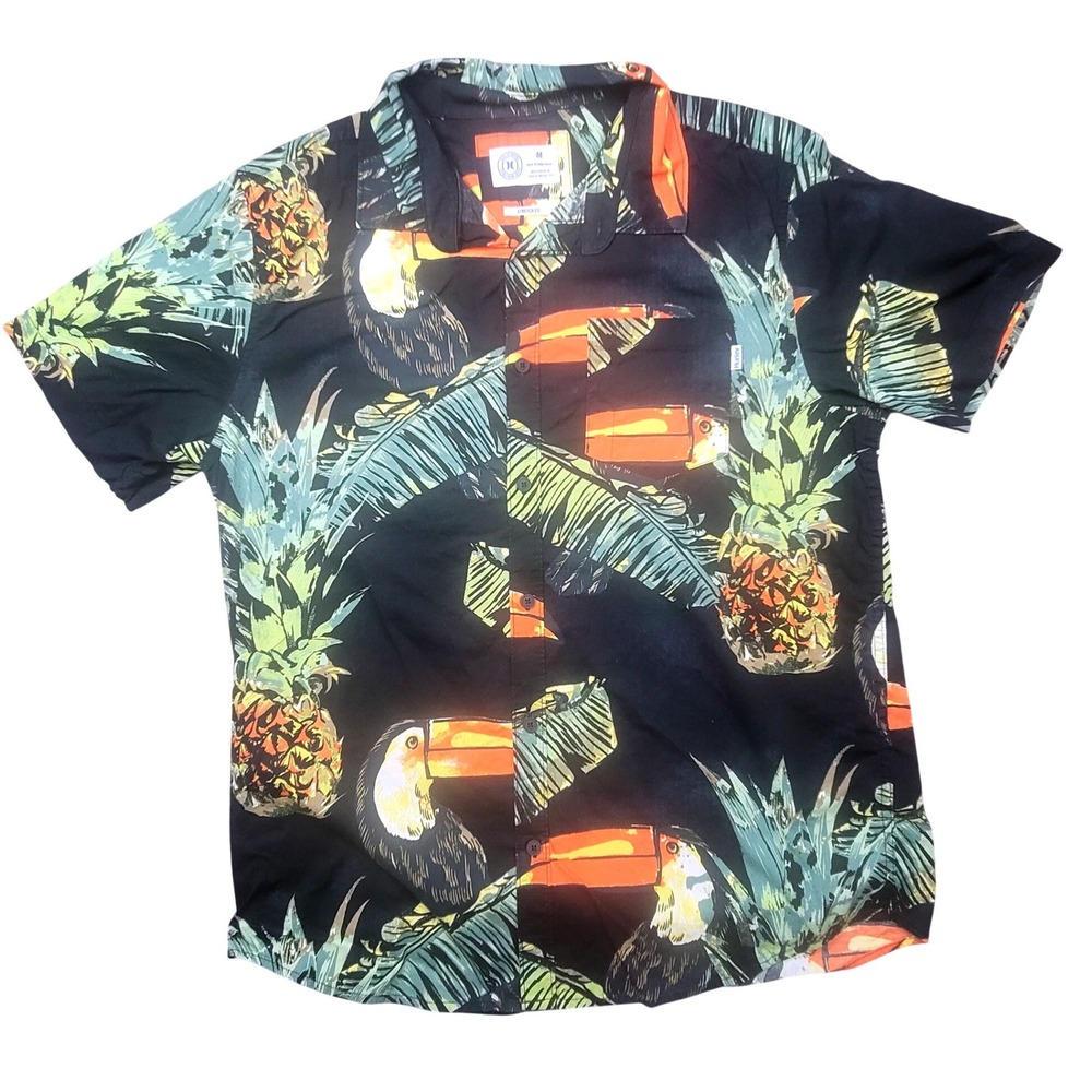 Hurley Tropical Toucan Pineapple Black Shirt Mens Medium‎ Short Sleeve Button Up